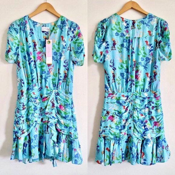 Tanya Taylor Dresses & Skirts - TANYA TAYLOR SILK ZORA RUCHED SHORT SLEEVE DRESS